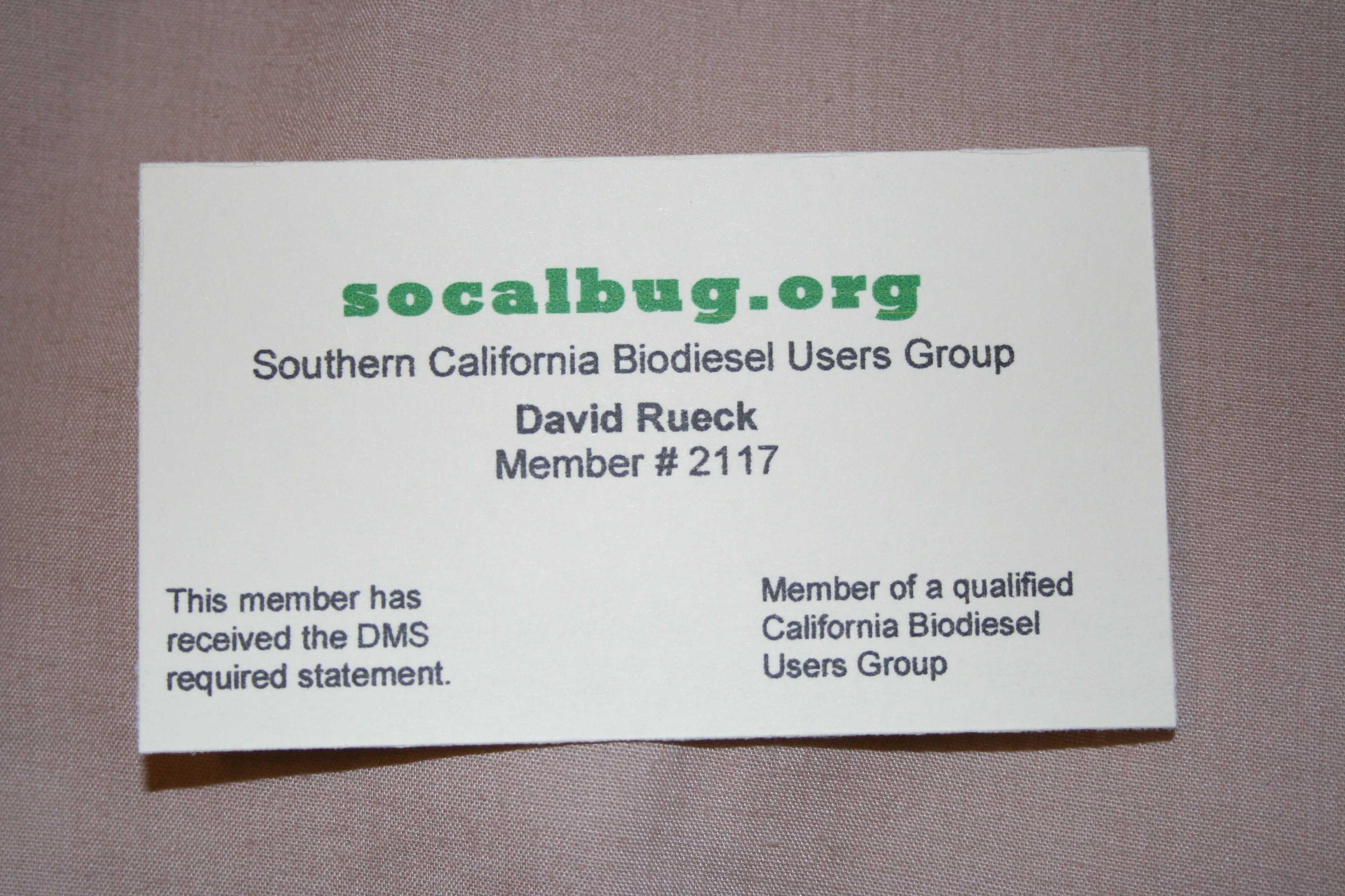 Southern California Biodiesel Users Group (SOCALBUG) Membership Card