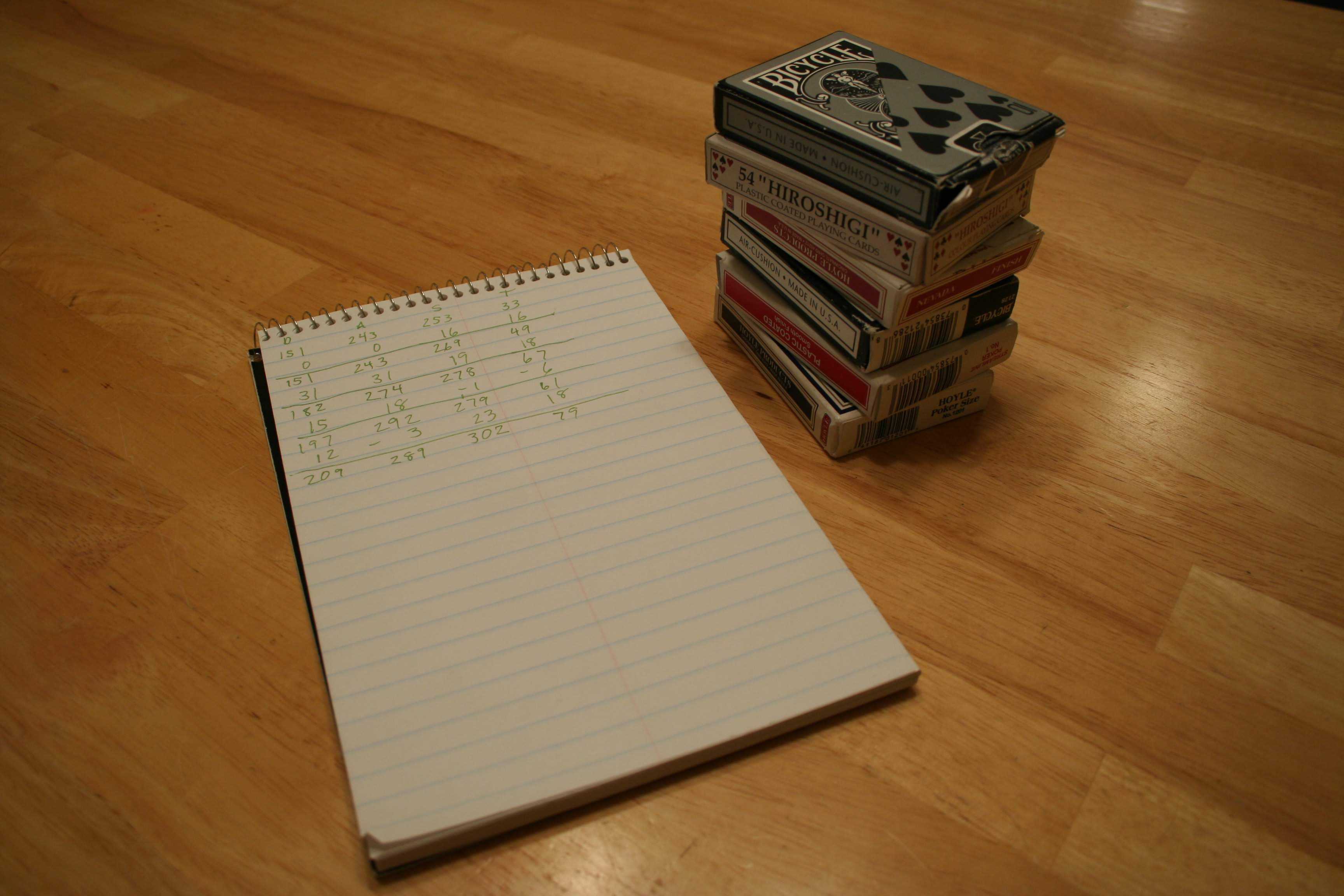 Cards and Scorepad for Nertz, D: 209, A: 289, S: 302, T: 99