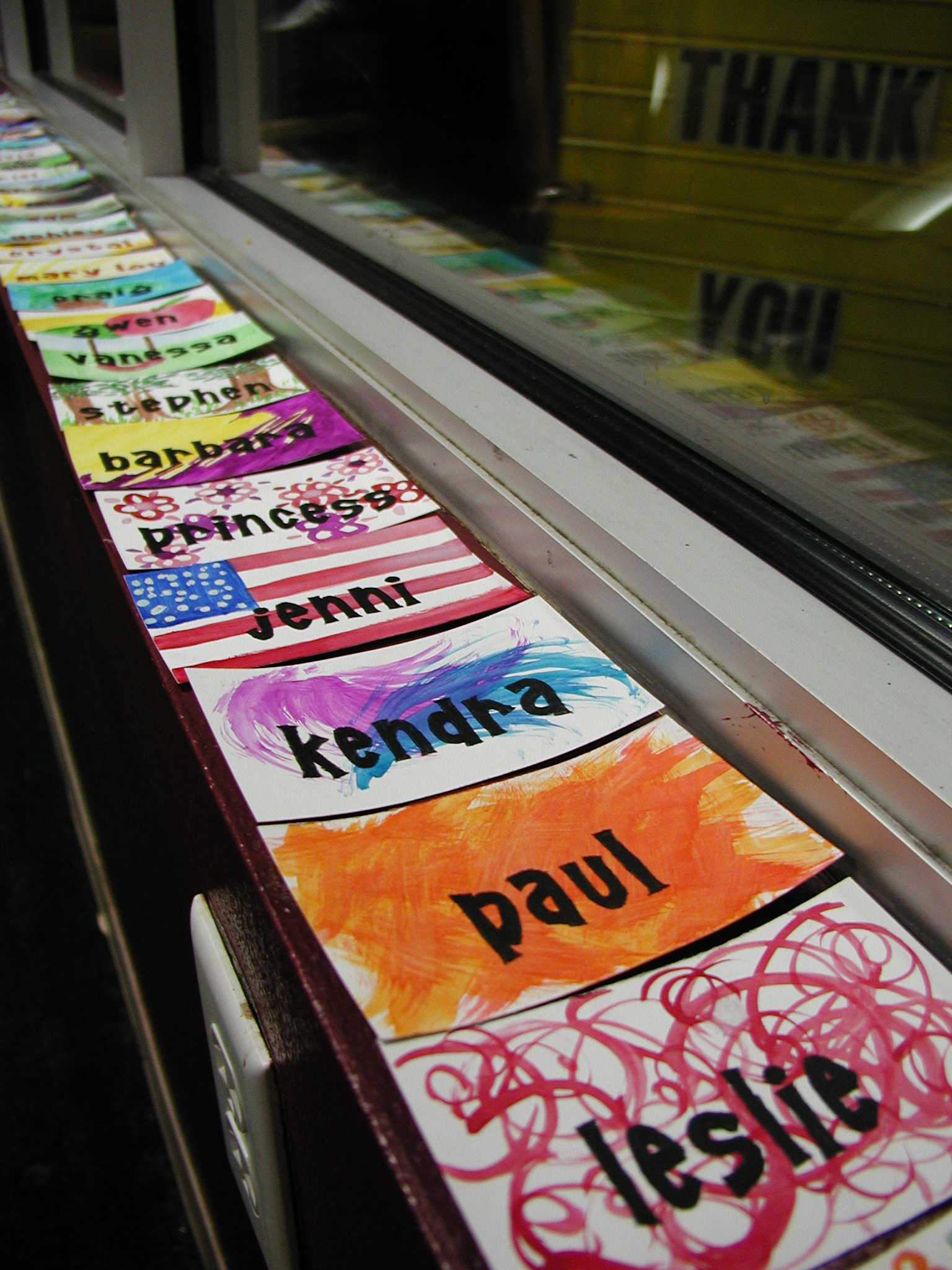 Name tags on the window sill at Fireside Coffee Lodge