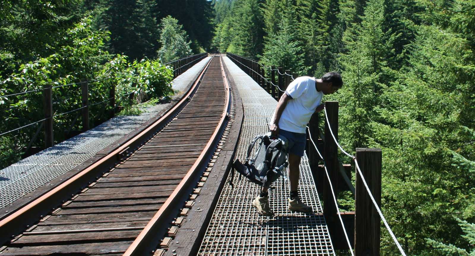 Sam looking over the edge on a trestle