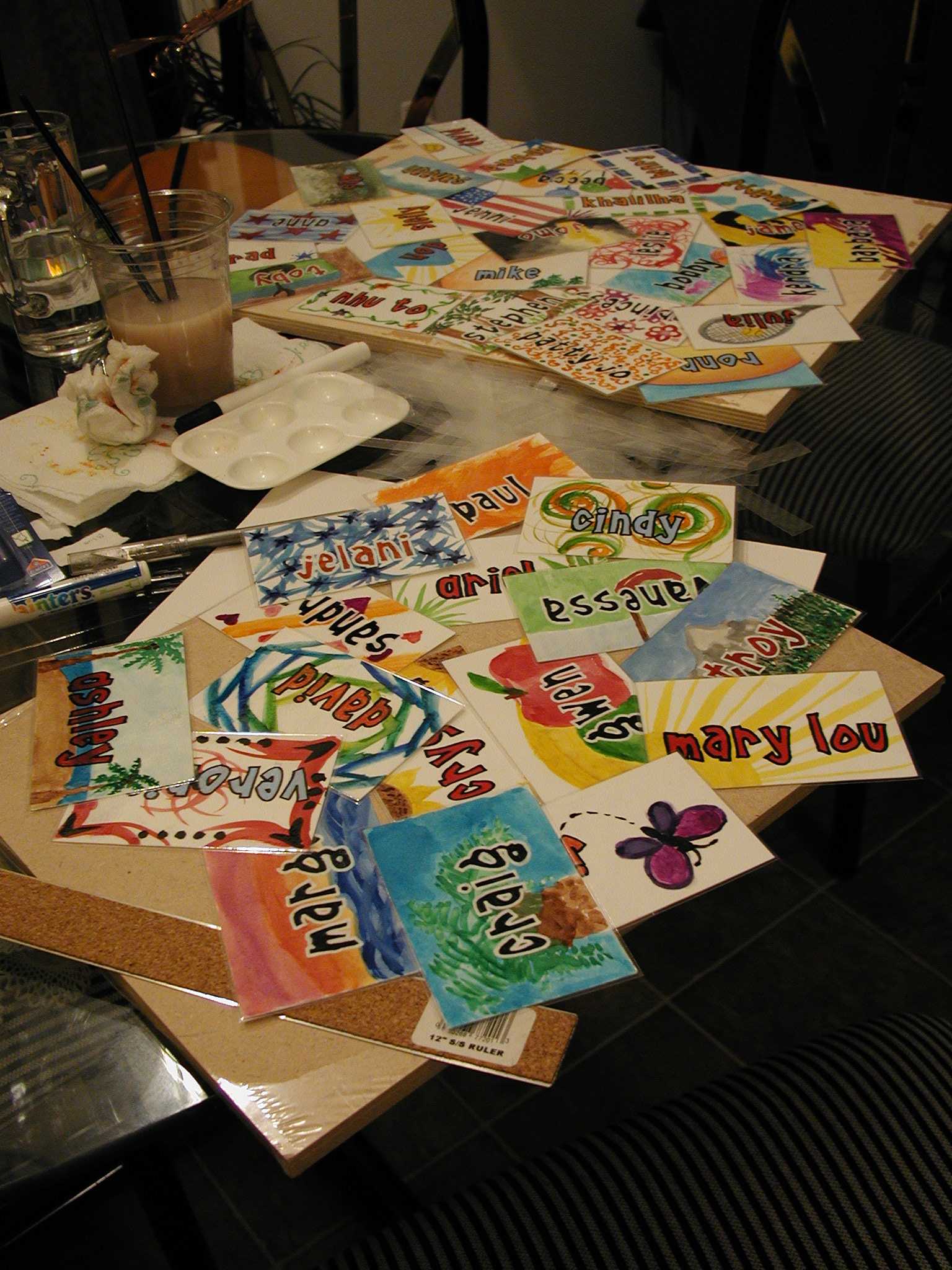 Laminated name tags on the table at Phil's apartment